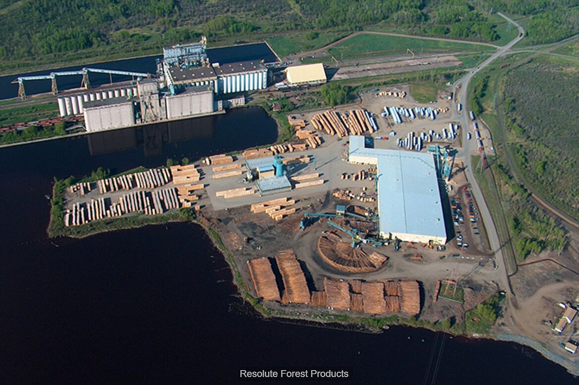Areal view of Reolute's sawmill and woodpellet plant in Thunder Bay, Ontario, Canada.