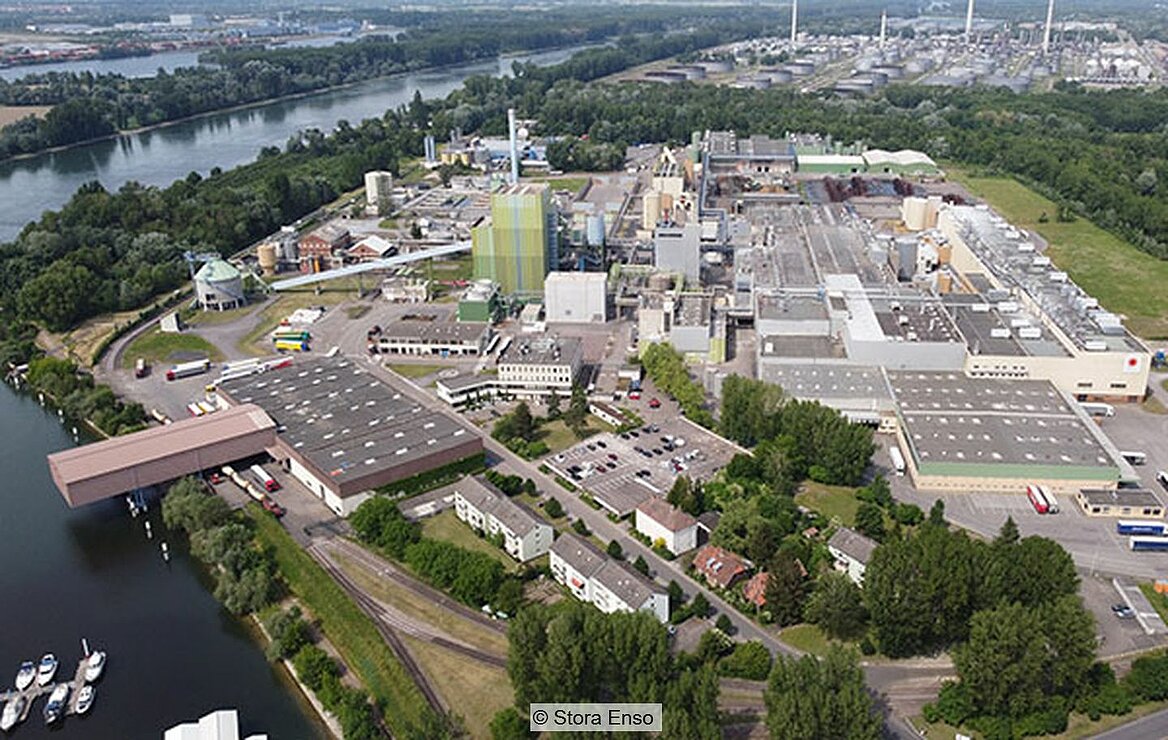 Areal view of Stora Enso Maxau magazine paper mill in Karlsruhe in Germany